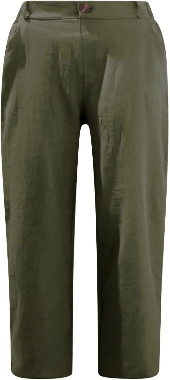 Women's Summer Capri Pants 2025 Cotton Linen Straight Leg Cropped Trousers High Waist Casual Pant with Pockets