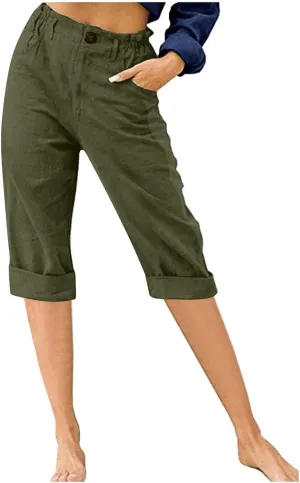 Women's Summer Capri Pants 2025 Cotton Linen Straight Leg Cropped Trousers High Waist Casual Pant with Pockets