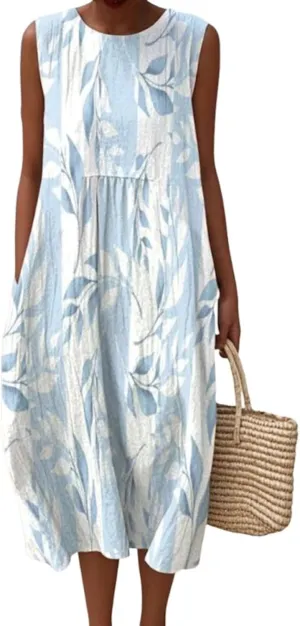 Women's Summer Dress Leaf Print Crew Neck A-Line Sleeveless Beachwear Casual Midi Dress with Pockets