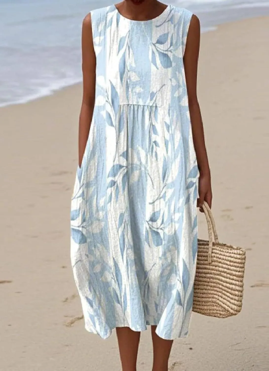 Women's Summer Dress Leaf Print Crew Neck A-Line Sleeveless Beachwear Casual Midi Dress with Pockets