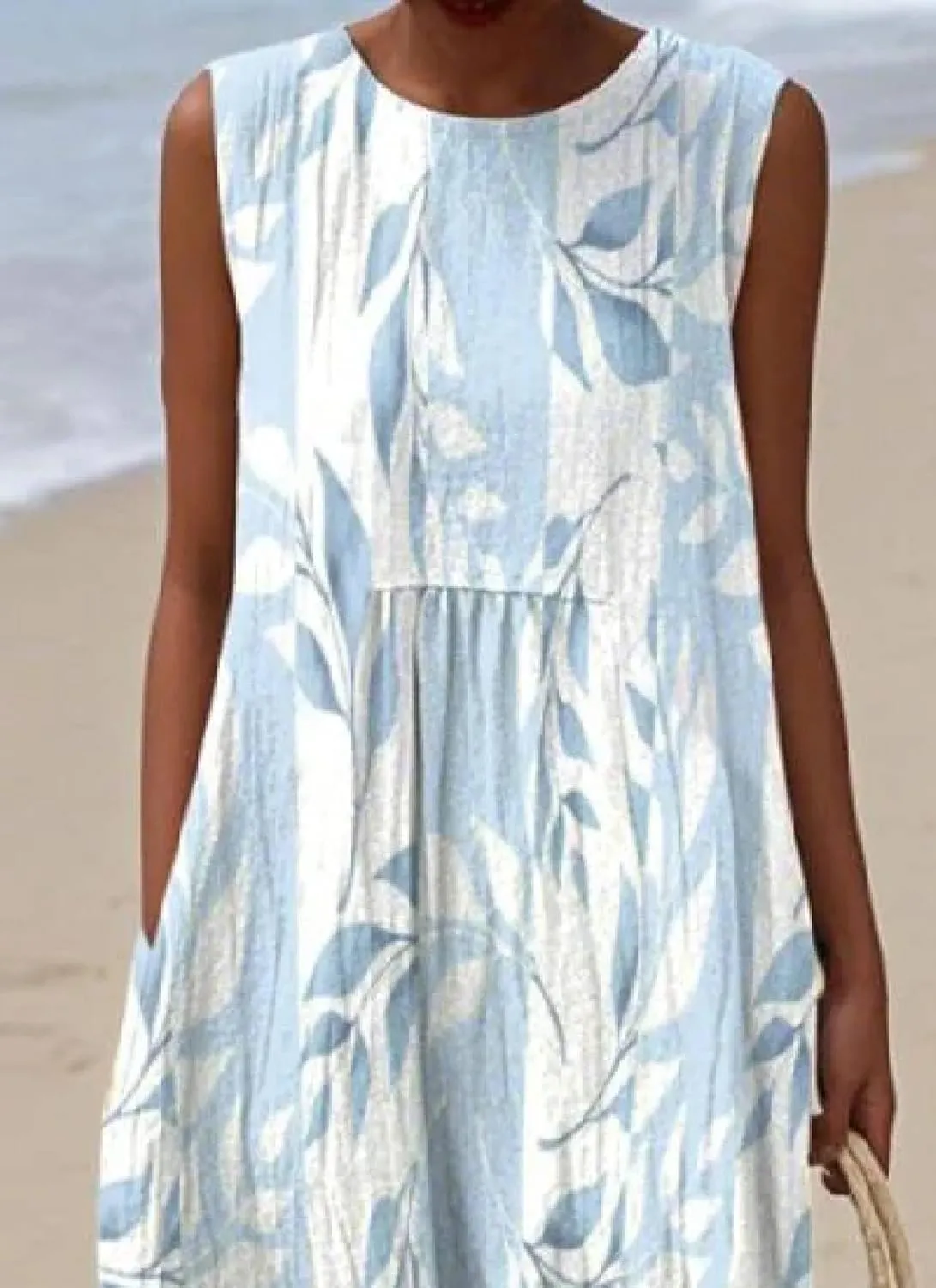 Women's Summer Dress Leaf Print Crew Neck A-Line Sleeveless Beachwear Casual Midi Dress with Pockets