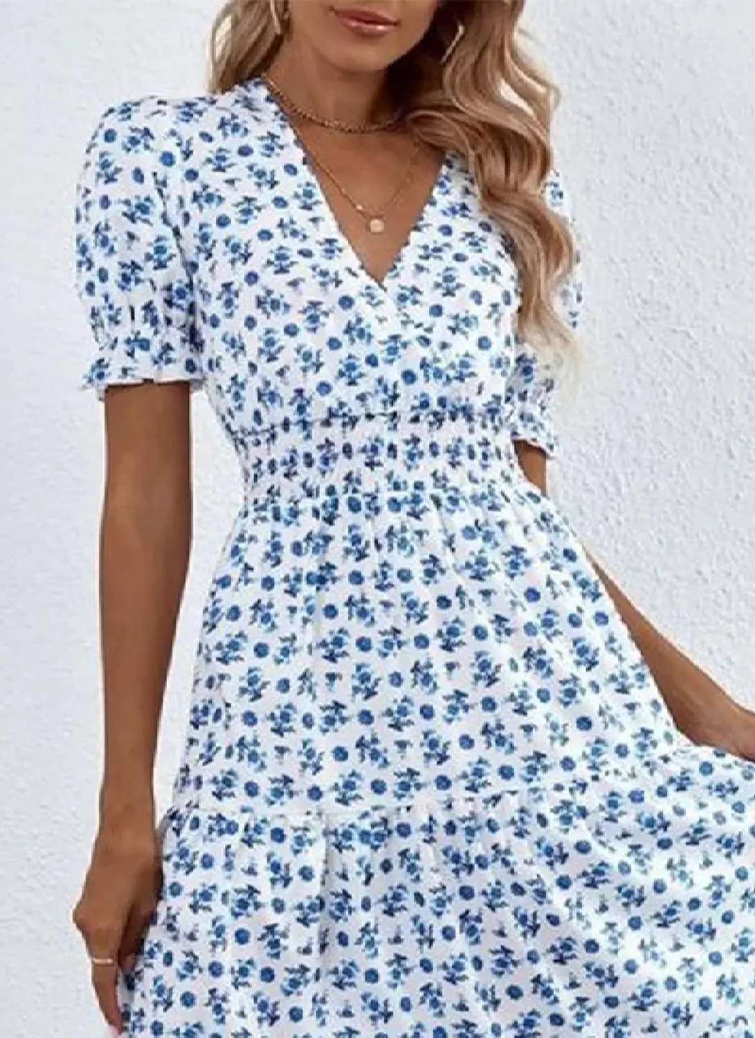 Women's Summer Dresses Fresh Blue Floral Print Puff Short Sleeve V Neck Ruffle Waist A-Line Garden Midi Dress