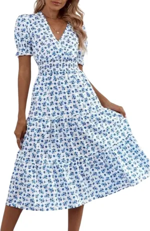Women's Summer Dresses Fresh Blue Floral Print Puff Short Sleeve V Neck Ruffle Waist A-Line Garden Midi Dress