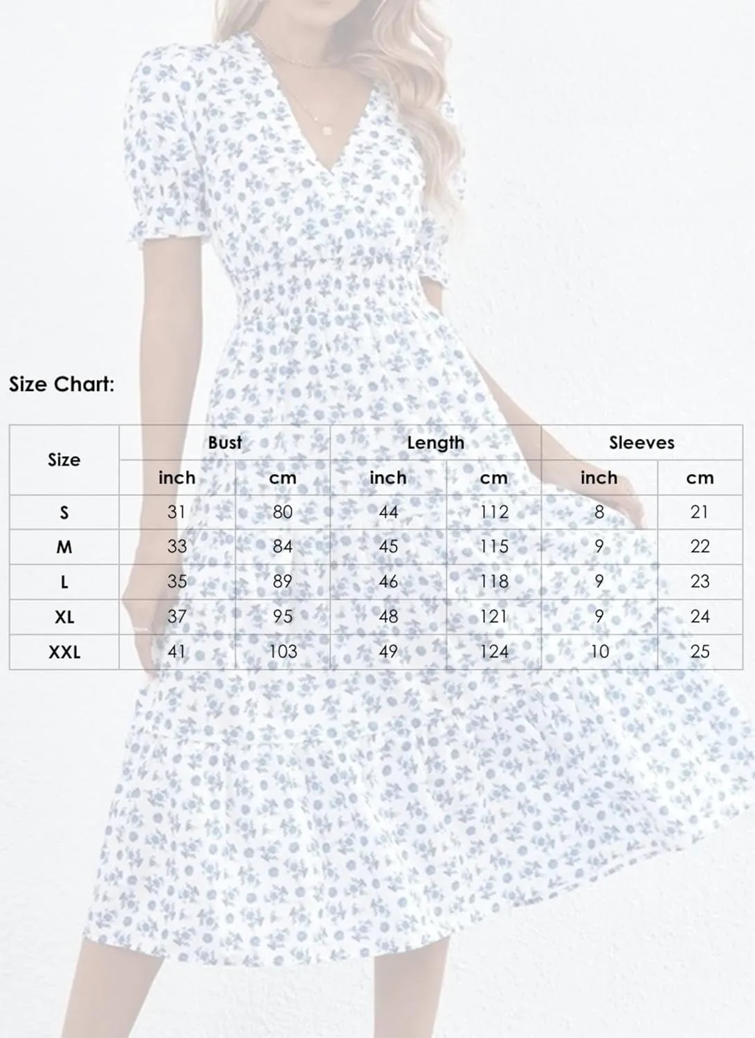 Women's Summer Dresses Fresh Blue Floral Print Puff Short Sleeve V Neck Ruffle Waist A-Line Garden Midi Dress