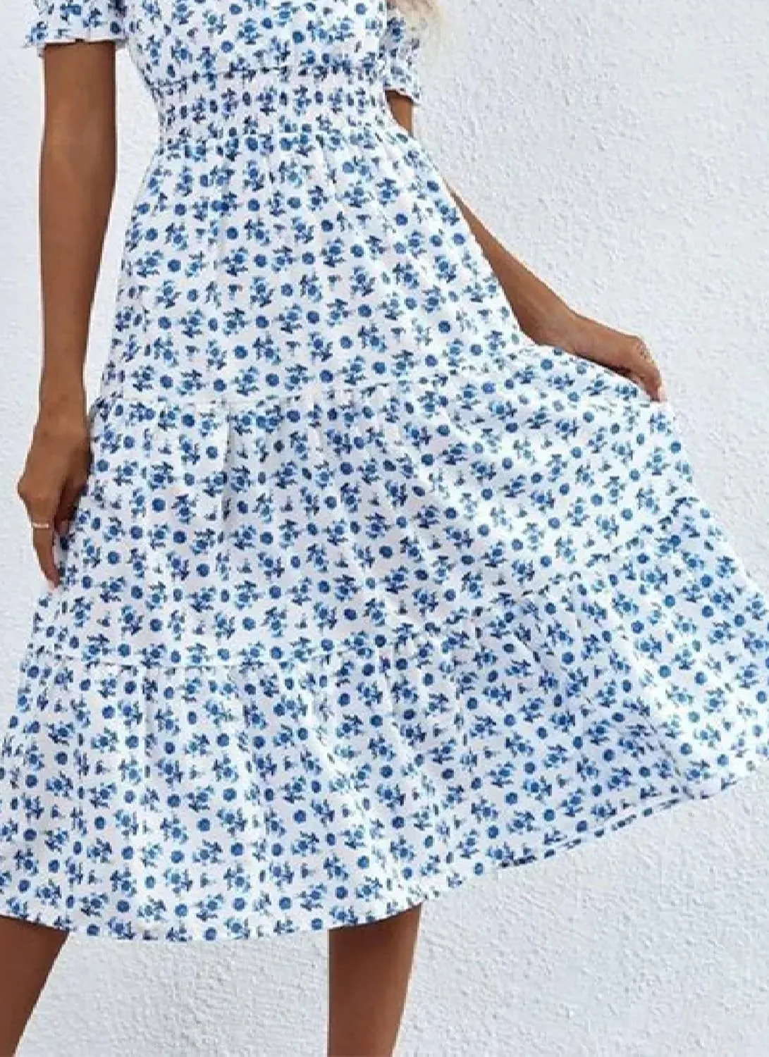 Women's Summer Dresses Fresh Blue Floral Print Puff Short Sleeve V Neck Ruffle Waist A-Line Garden Midi Dress