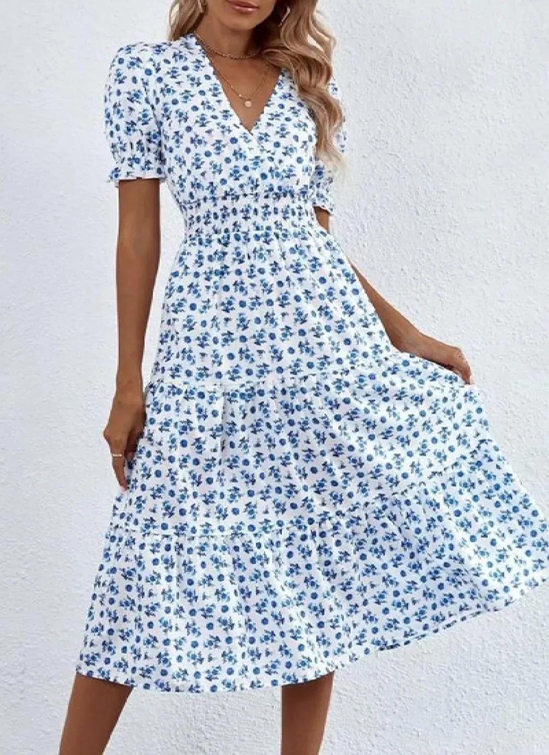 Women's Summer Dresses Fresh Blue Floral Print Puff Short Sleeve V Neck Ruffle Waist A-Line Garden Midi Dress