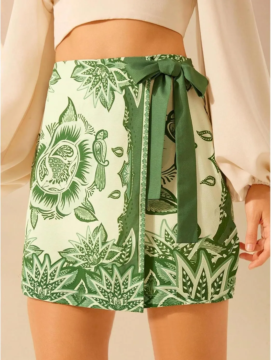 Womens Summer Floral Wrap Short Skirt Tie Side High Waist A Line Beach Vacation Boho Mini Skirt