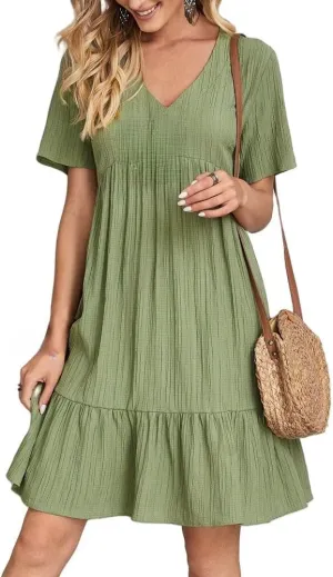 Womens Summer Pleated Ruffle Flowy Beach Sundresses, Short Sleeve V Neck Vacation T Shirt Dress Beach Sundresses