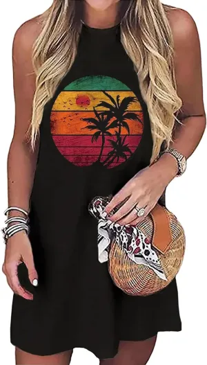 Womens Sundress Summer Sun Graphic Mini Tank Dress Sleeveless Beach Dresses Short Casual Sun Dresses