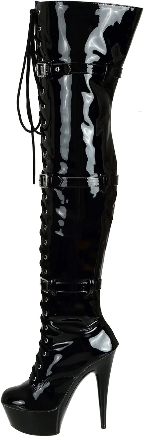 Women's Thigh High Lace-Up Zipper 15CM Stiletto Heel Patent Leather Over The Knee Black Boots for Halloween Costume Cosplay