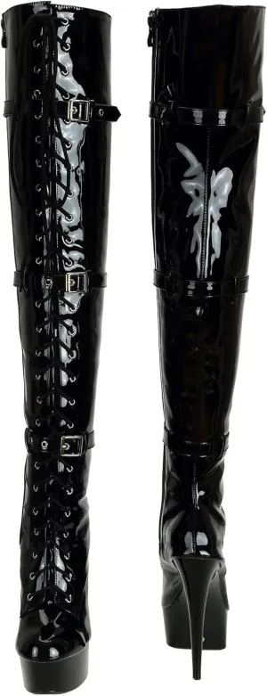 Women's Thigh High Lace-Up Zipper 15CM Stiletto Heel Patent Leather Over The Knee Black Boots for Halloween Costume Cosplay
