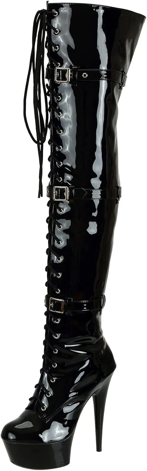 Women's Thigh High Lace-Up Zipper 15CM Stiletto Heel Patent Leather Over The Knee Black Boots for Halloween Costume Cosplay