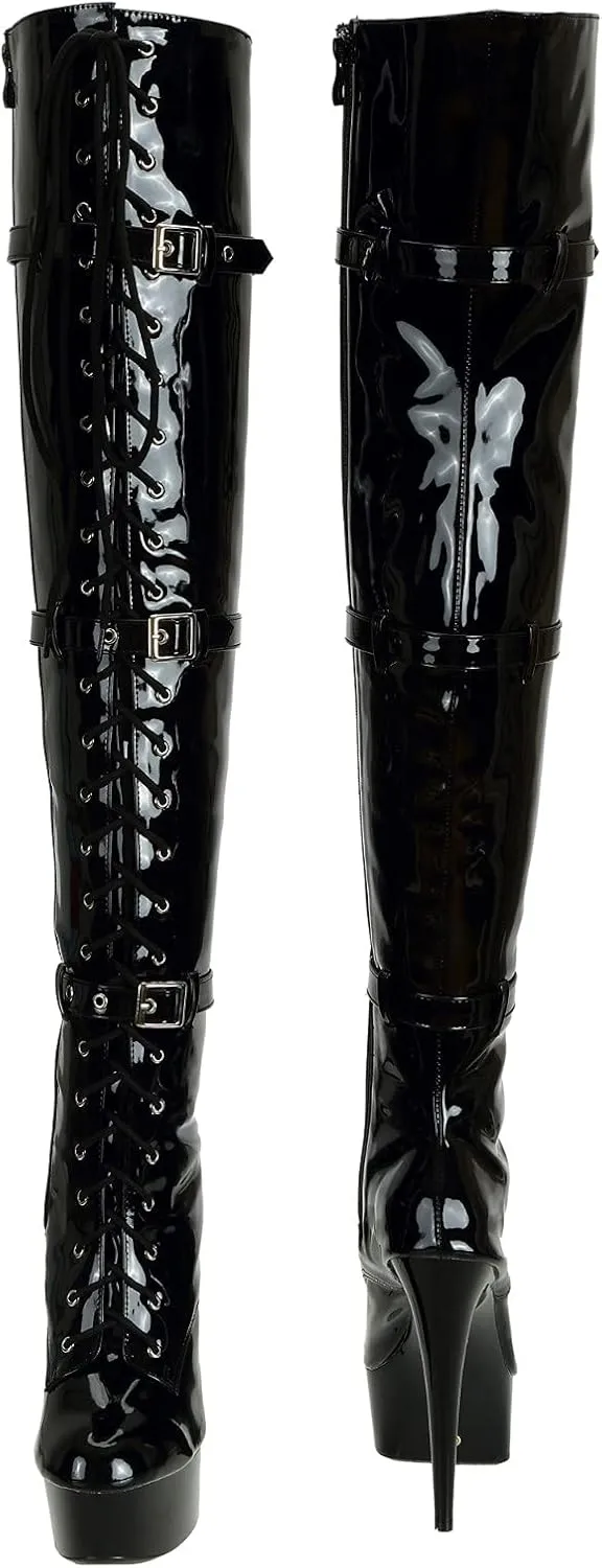 Women's Thigh High Lace-Up Zipper 15CM Stiletto Heel Patent Leather Over The Knee Black Boots for Halloween Costume Cosplay