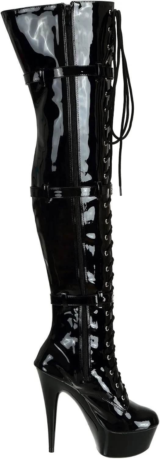Women's Thigh High Lace-Up Zipper 15CM Stiletto Heel Patent Leather Over The Knee Black Boots for Halloween Costume Cosplay