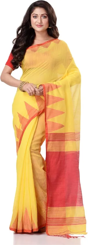Women`s Traditional Bengali Handloom Tant Pure Cotton Saree Temple Par Desigined With Blouse Piece 6.3 Mtr