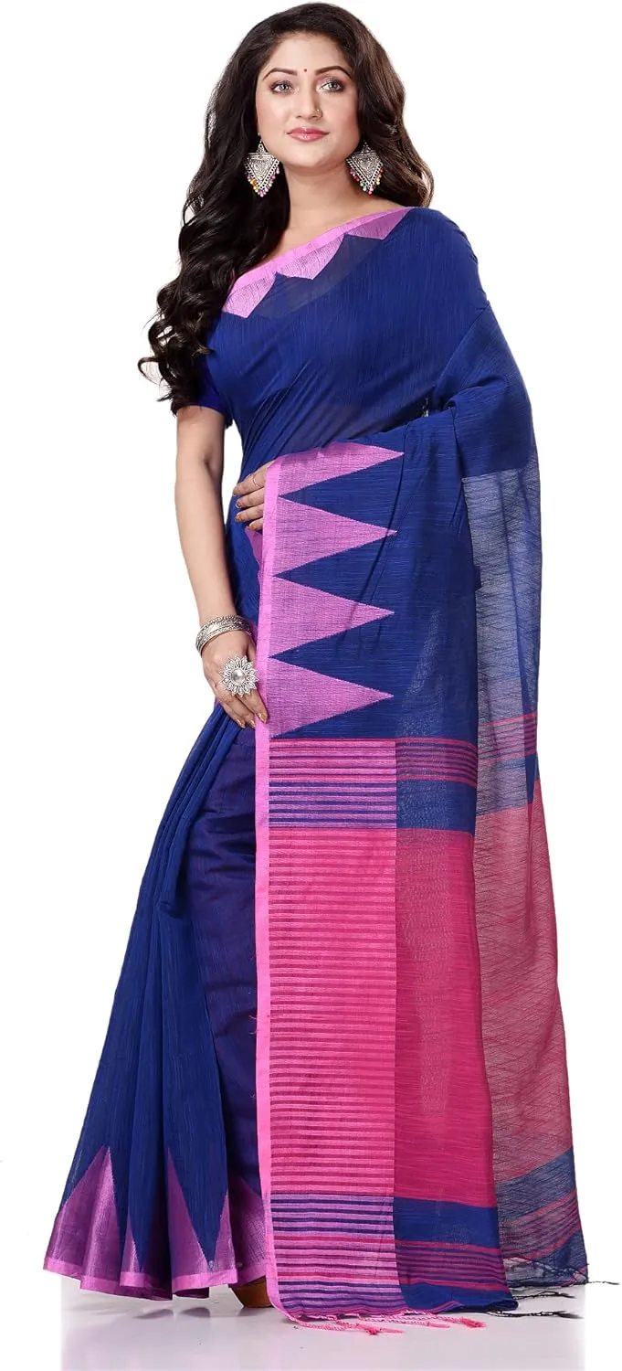Women`s Traditional Bengali Handloom Tant Pure Cotton Saree Temple Par Desigined With Blouse Piece 6.3 Mtr
