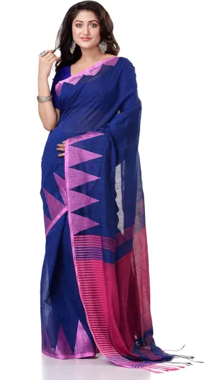 Women`s Traditional Bengali Handloom Tant Pure Cotton Saree Temple Par Desigined With Blouse Piece 6.3 Mtr