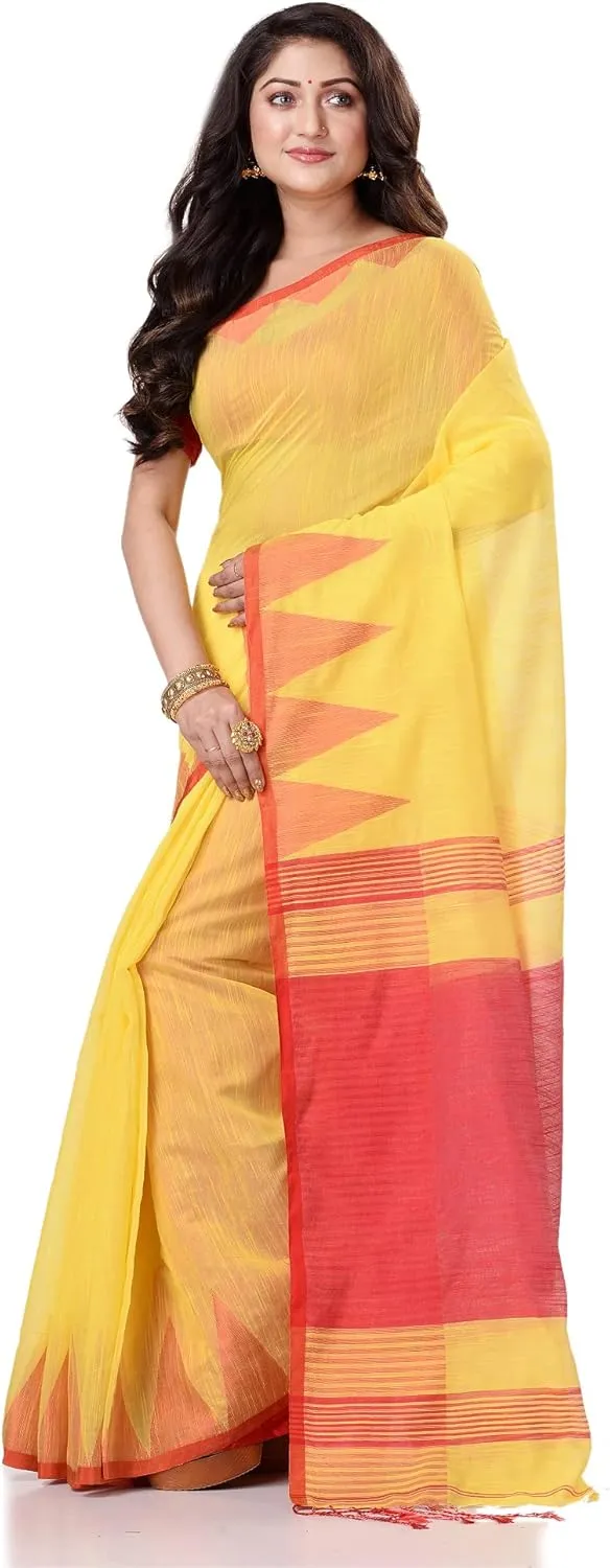 Women`s Traditional Bengali Handloom Tant Pure Cotton Saree Temple Par Desigined With Blouse Piece 6.3 Mtr