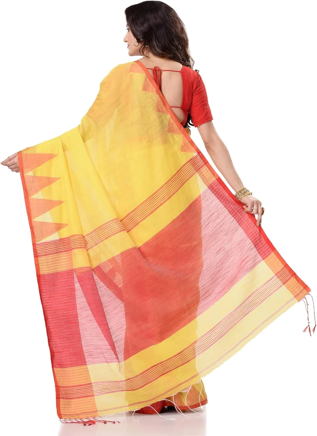Women`s Traditional Bengali Handloom Tant Pure Cotton Saree Temple Par Desigined With Blouse Piece 6.3 Mtr