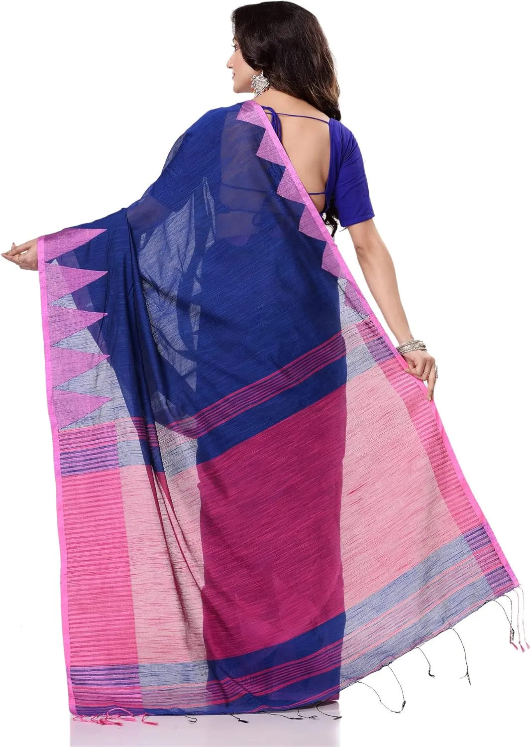 Women`s Traditional Bengali Handloom Tant Pure Cotton Saree Temple Par Desigined With Blouse Piece 6.3 Mtr