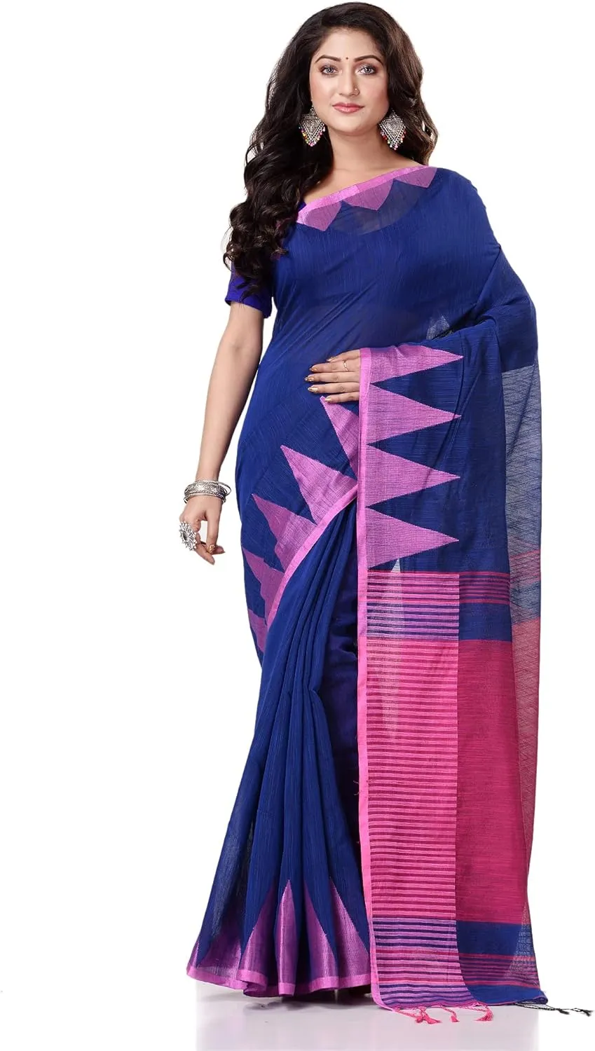 Women`s Traditional Bengali Handloom Tant Pure Cotton Saree Temple Par Desigined With Blouse Piece 6.3 Mtr