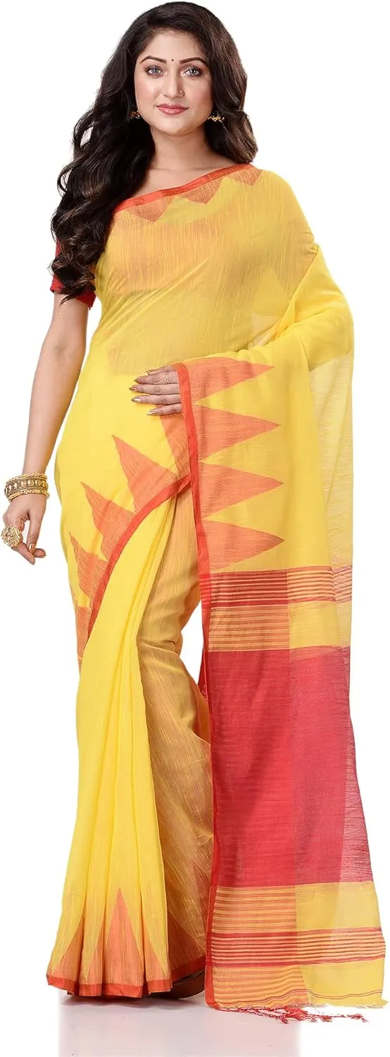 Women`s Traditional Bengali Handloom Tant Pure Cotton Saree Temple Par Desigined With Blouse Piece 6.3 Mtr