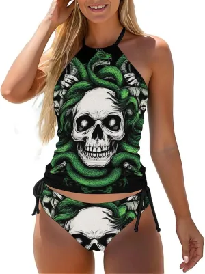 Womens Two Piece Tankini Swimsuit Tummy Control High Neck Bathing Suit Tops Halter Ruched Swimwear