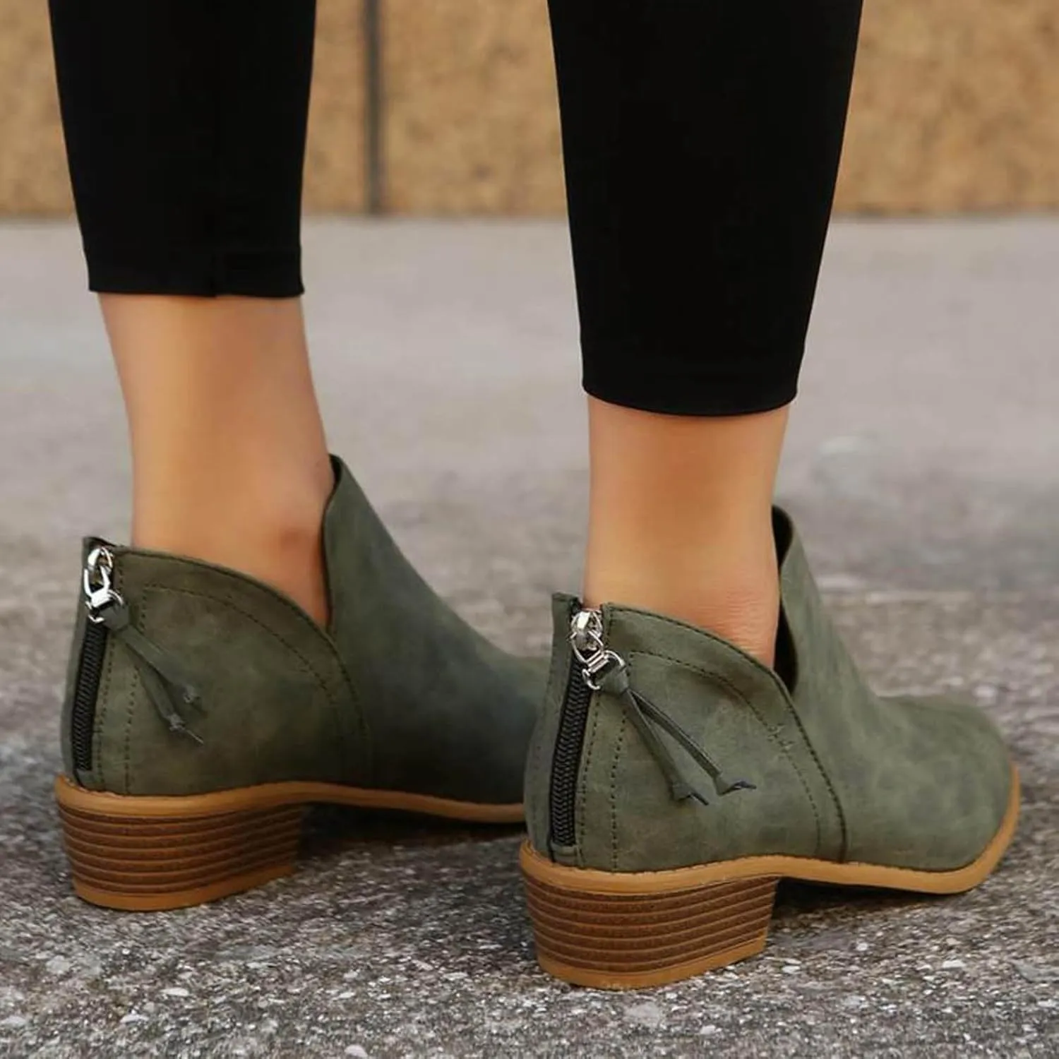 Womens V Cutout Ankle Boots Pointed Toe Chunky Stacked Heel Booties Zip Up Western Boots Shoes Low Heel Pull On Short Western Boots