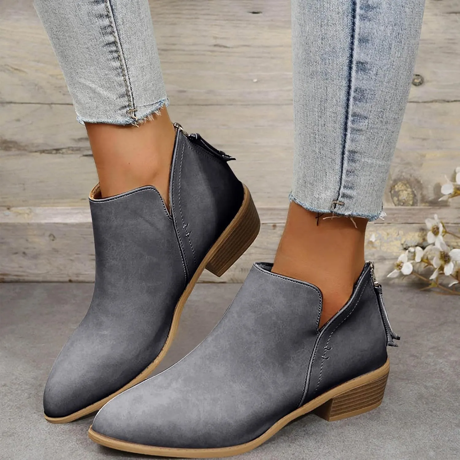 Womens V Cutout Ankle Boots Pointed Toe Chunky Stacked Heel Booties Zip Up Western Boots Shoes Low Heel Pull On Short Western Boots