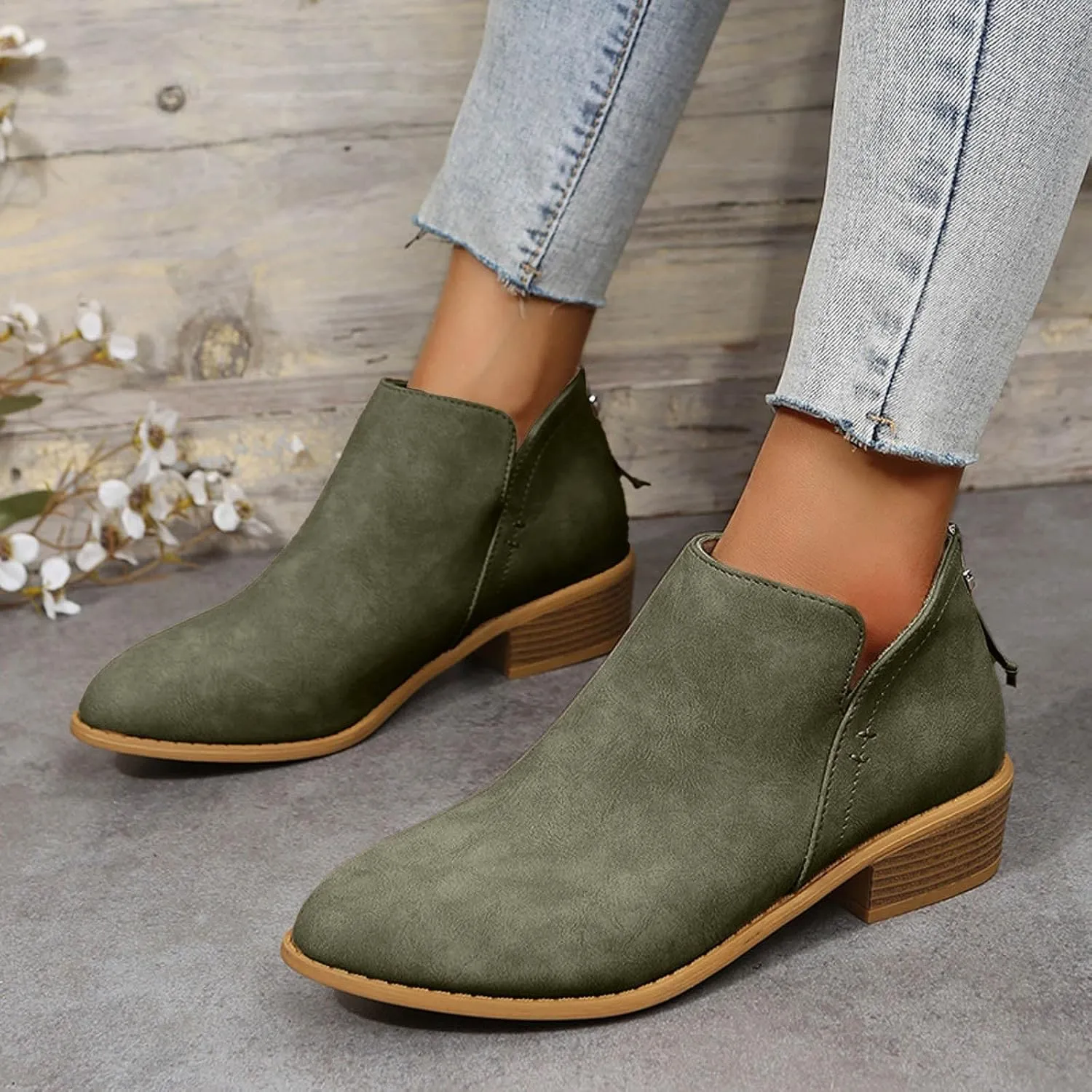 Womens V Cutout Ankle Boots Pointed Toe Chunky Stacked Heel Booties Zip Up Western Boots Shoes Low Heel Pull On Short Western Boots