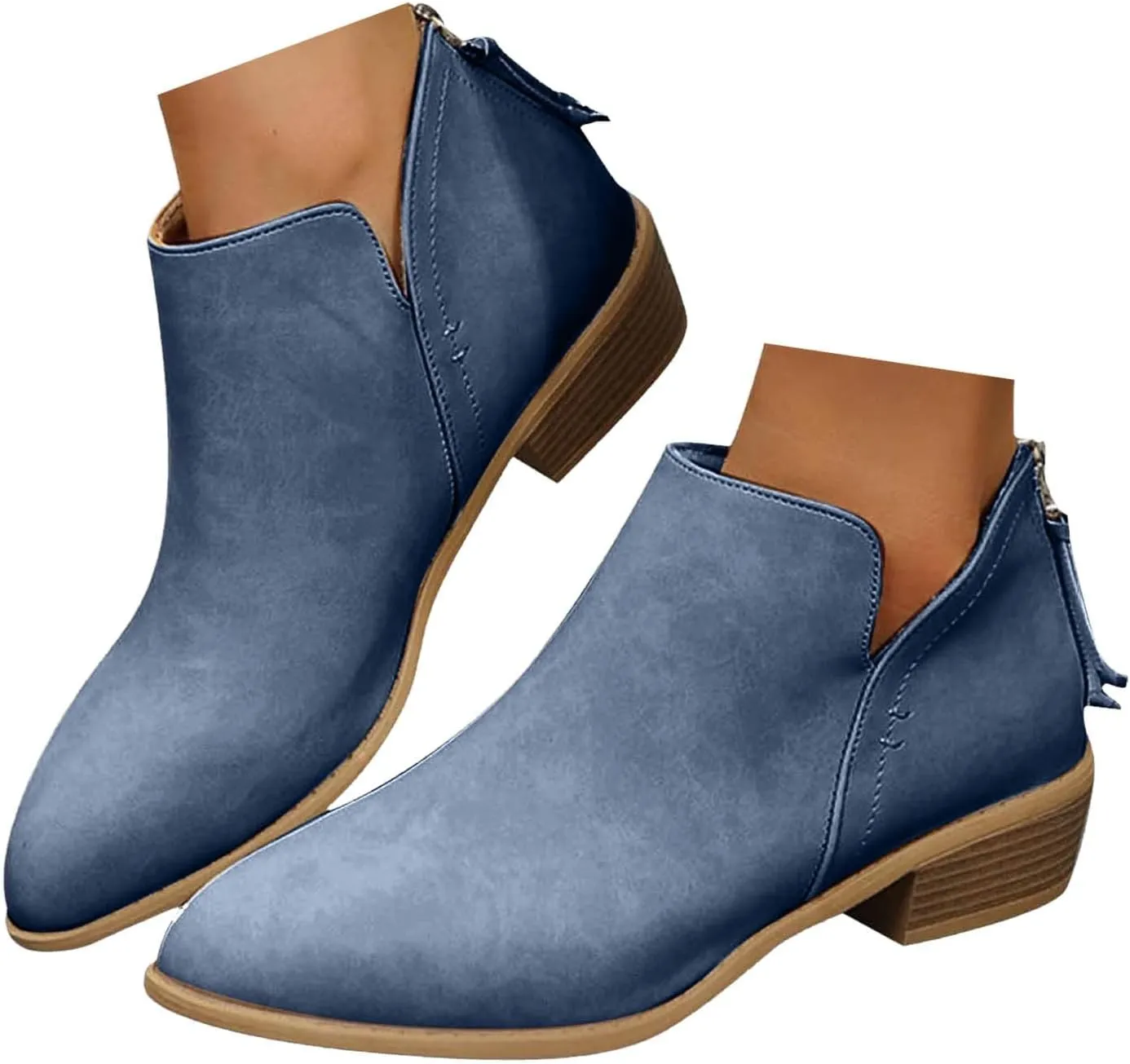 Womens V Cutout Ankle Boots Pointed Toe Chunky Stacked Heel Booties Zip Up Western Boots Shoes Low Heel Pull On Short Western Boots
