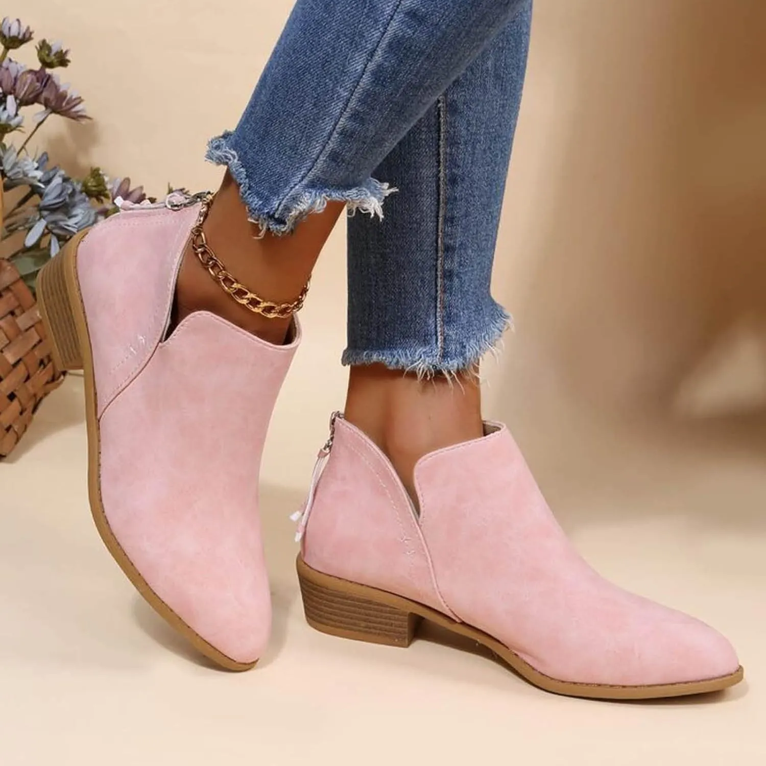 Womens V Cutout Ankle Boots Pointed Toe Chunky Stacked Heel Booties Zip Up Western Boots Shoes Low Heel Pull On Short Western Boots