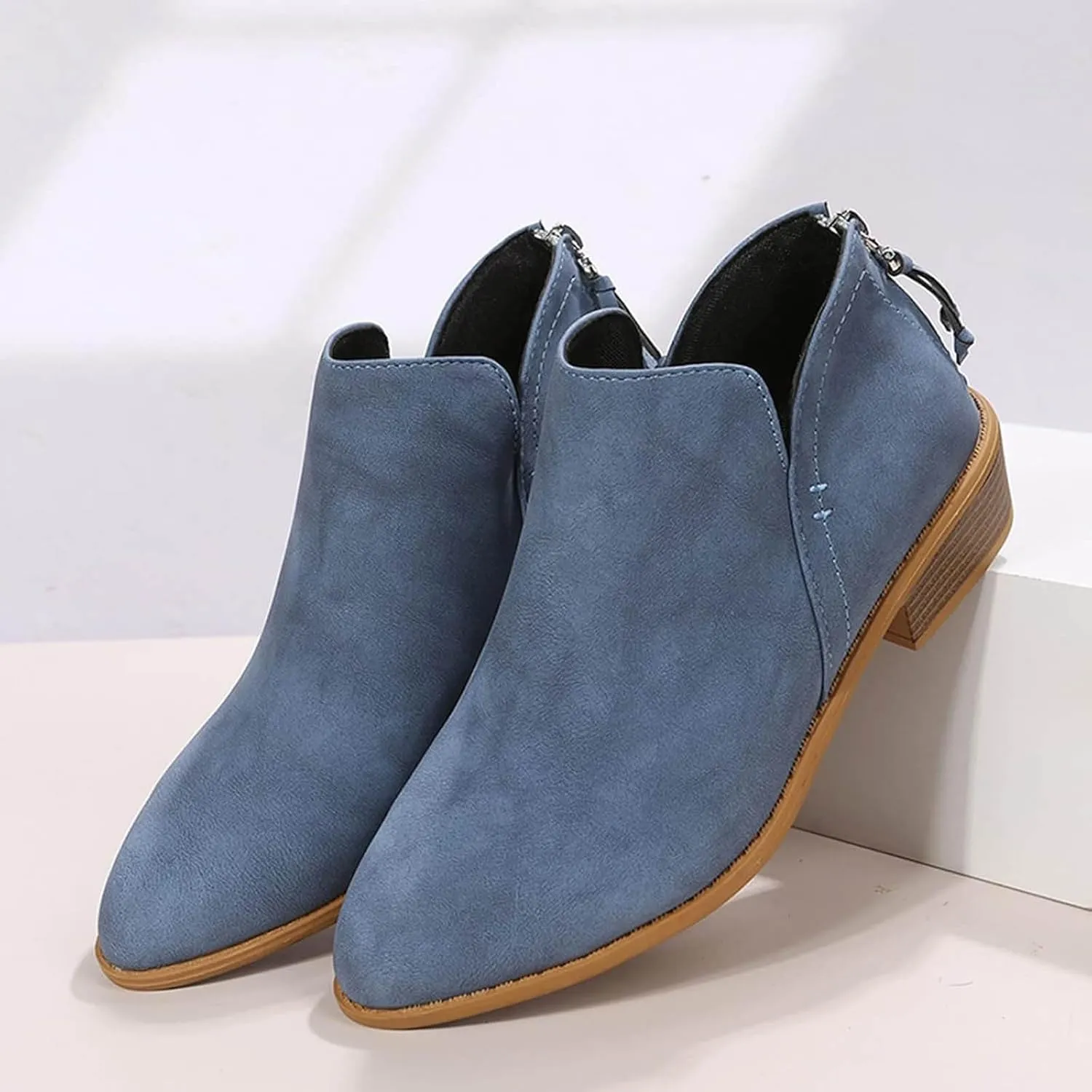 Womens V Cutout Ankle Boots Pointed Toe Chunky Stacked Heel Booties Zip Up Western Boots Shoes Low Heel Pull On Short Western Boots