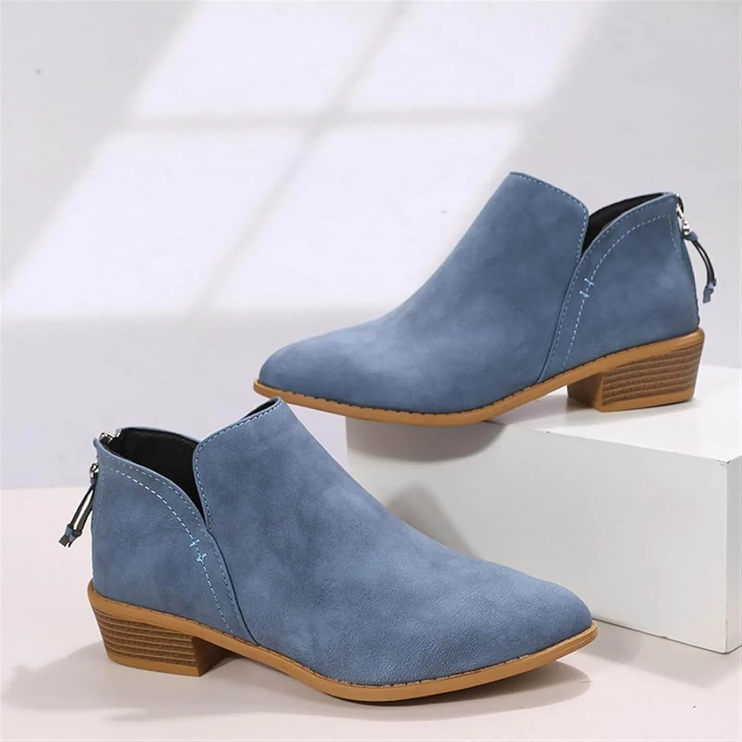 Womens V Cutout Ankle Boots Pointed Toe Chunky Stacked Heel Booties Zip Up Western Boots Shoes Low Heel Pull On Short Western Boots