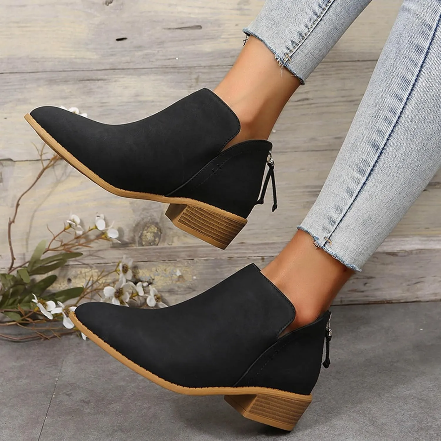 Womens V Cutout Ankle Boots Pointed Toe Chunky Stacked Heel Booties Zip Up Western Boots Shoes Low Heel Pull On Short Western Boots