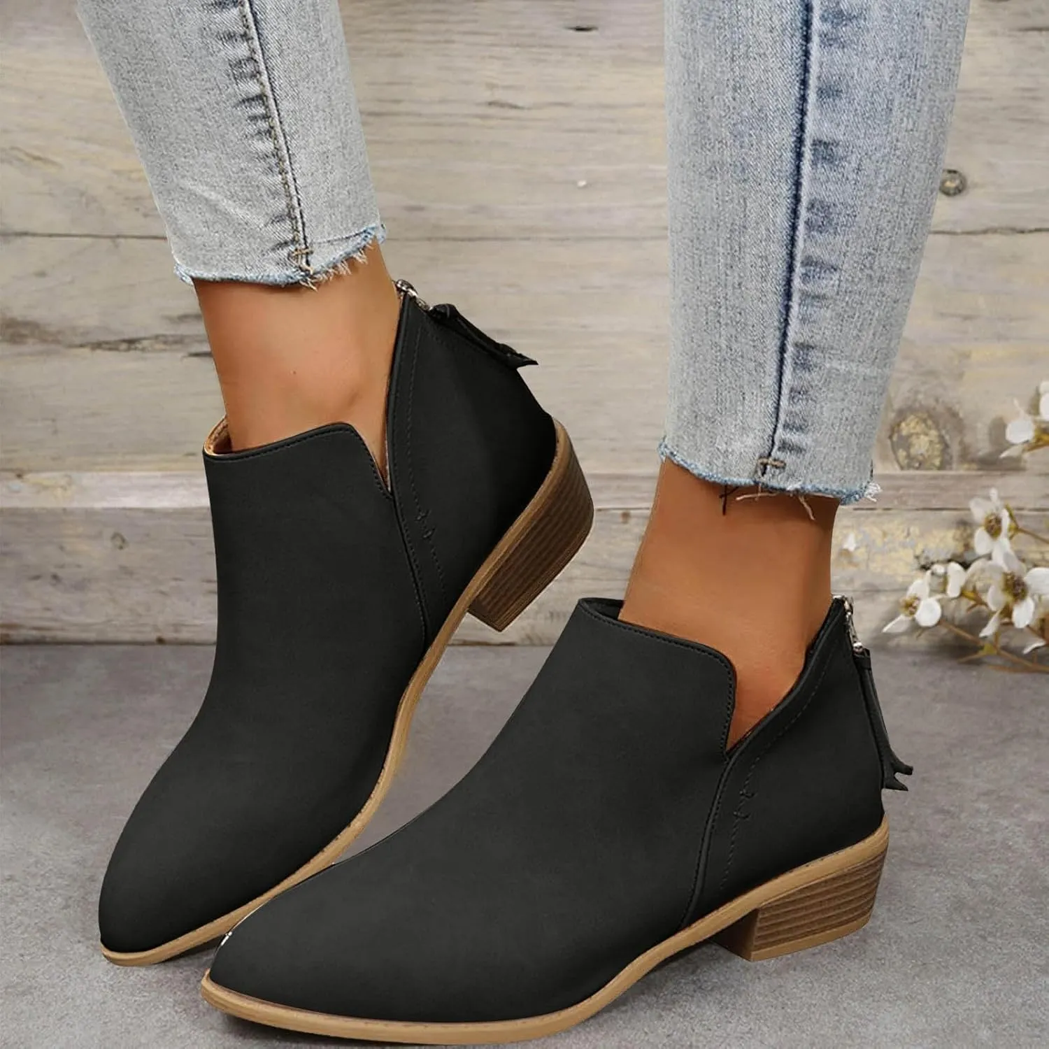 Womens V Cutout Ankle Boots Pointed Toe Chunky Stacked Heel Booties Zip Up Western Boots Shoes Low Heel Pull On Short Western Boots