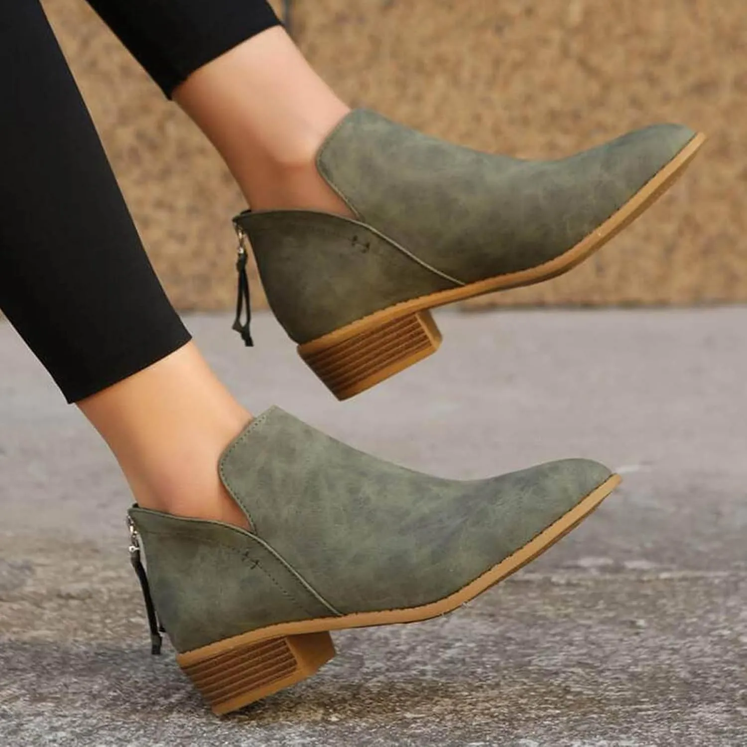 Womens V Cutout Ankle Boots Pointed Toe Chunky Stacked Heel Booties Zip Up Western Boots Shoes Low Heel Pull On Short Western Boots