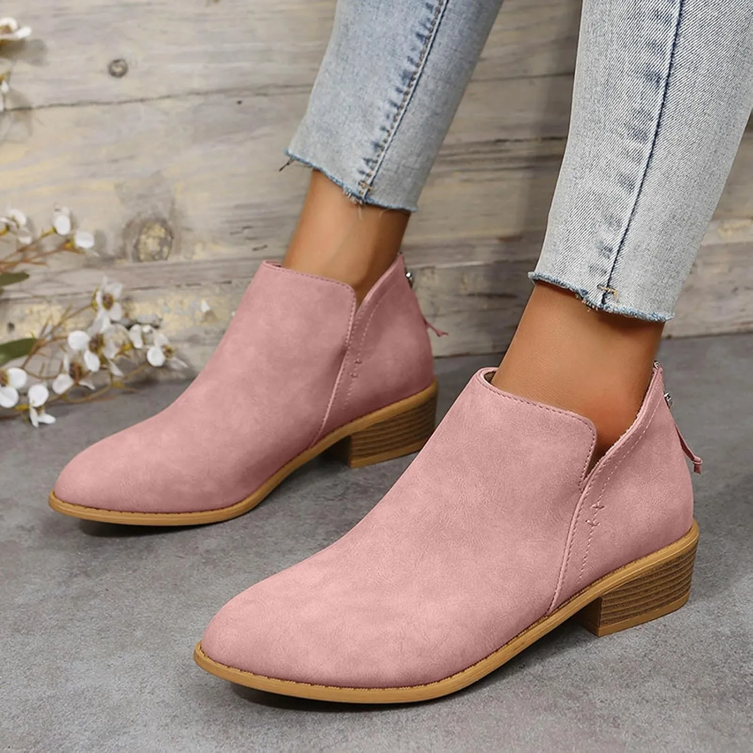 Womens V Cutout Ankle Boots Pointed Toe Chunky Stacked Heel Booties Zip Up Western Boots Shoes Low Heel Pull On Short Western Boots
