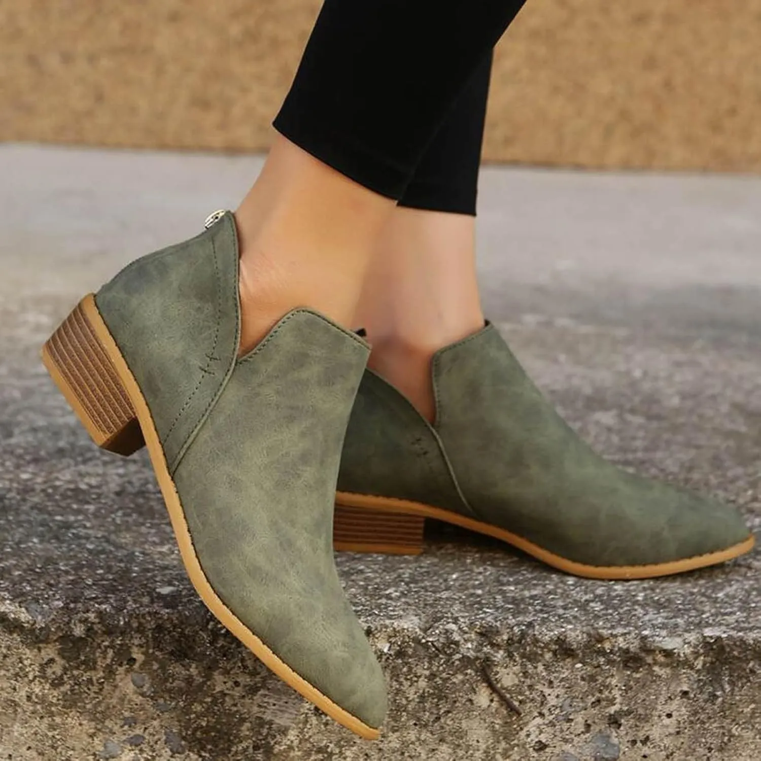 Womens V Cutout Ankle Boots Pointed Toe Chunky Stacked Heel Booties Zip Up Western Boots Shoes Low Heel Pull On Short Western Boots