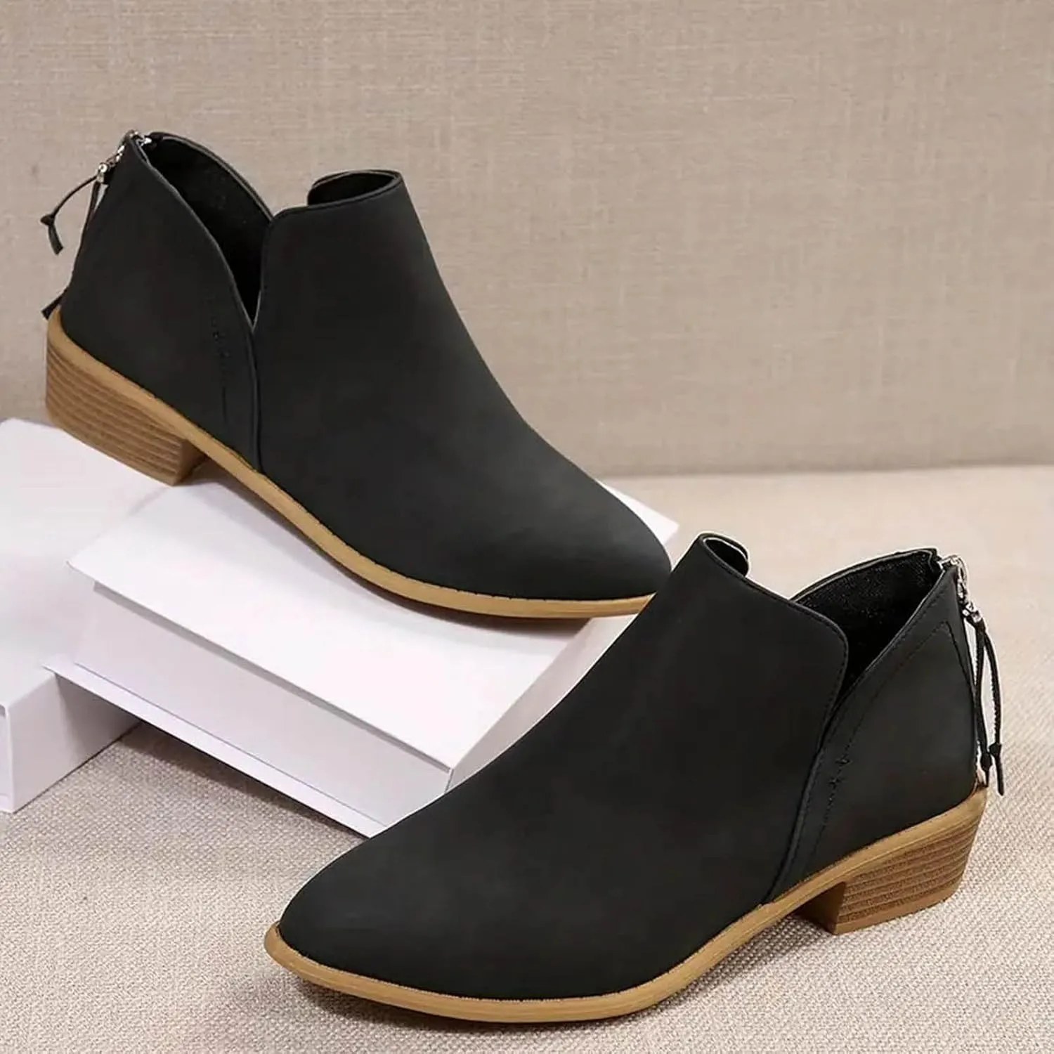 Womens V Cutout Ankle Boots Pointed Toe Chunky Stacked Heel Booties Zip Up Western Boots Shoes Low Heel Pull On Short Western Boots