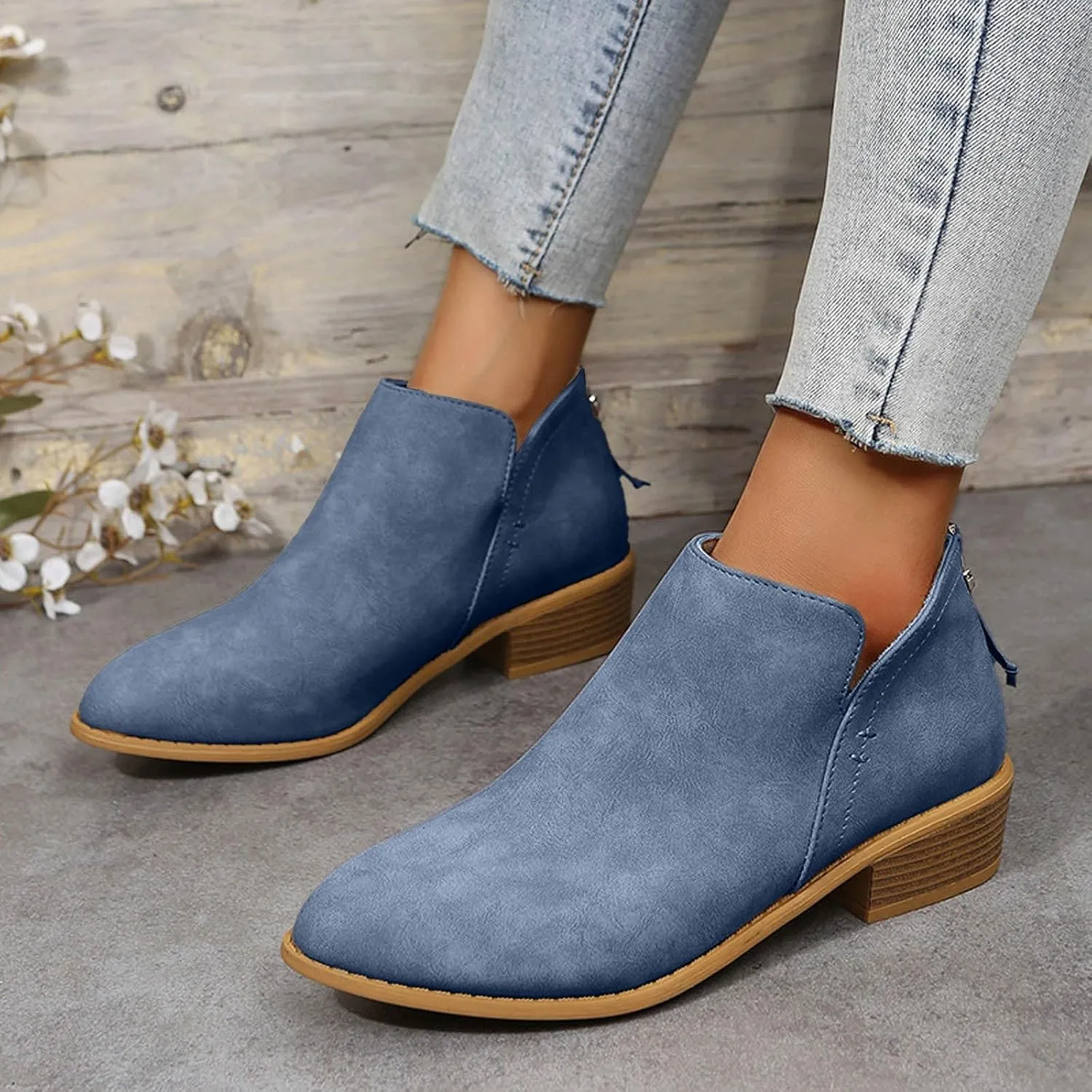 Womens V Cutout Ankle Boots Pointed Toe Chunky Stacked Heel Booties Zip Up Western Boots Shoes Low Heel Pull On Short Western Boots
