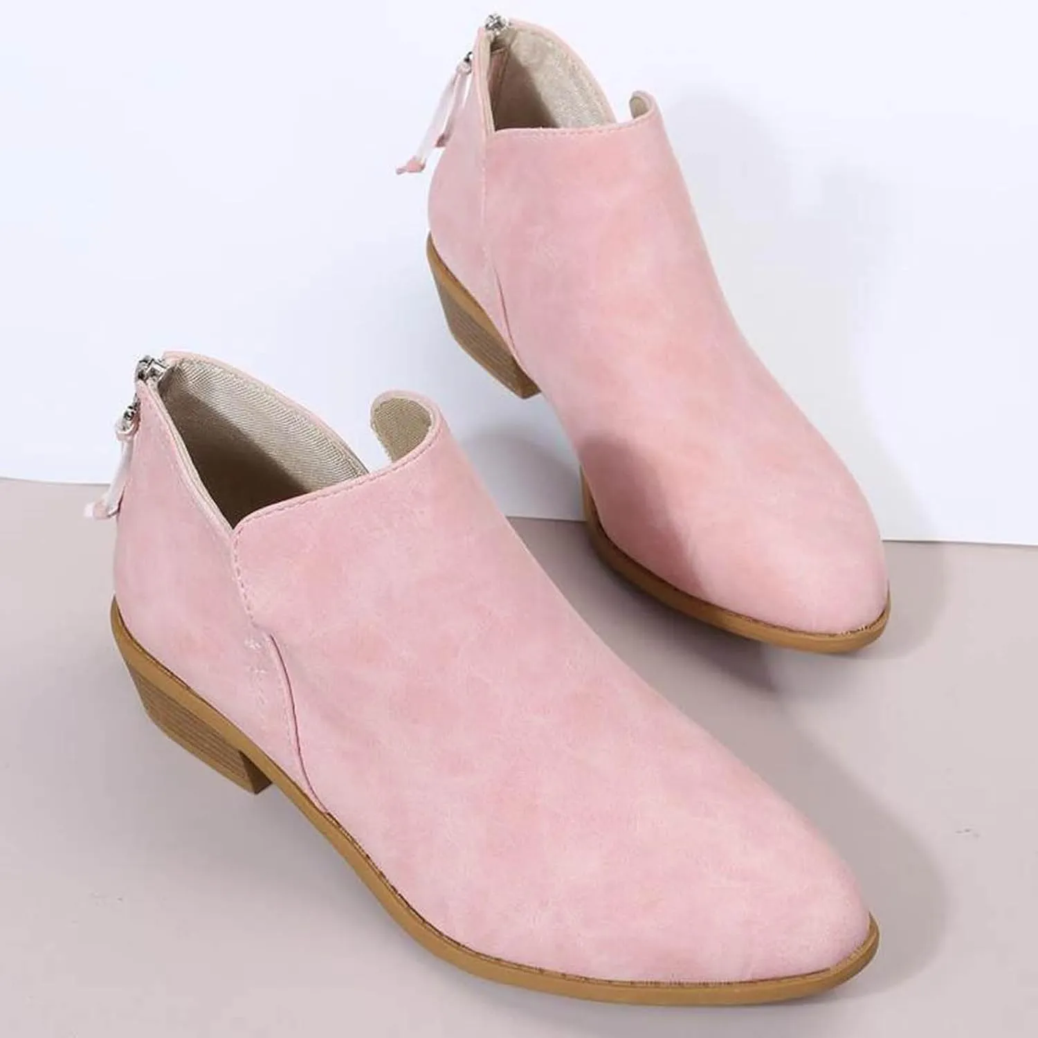 Womens V Cutout Ankle Boots Pointed Toe Chunky Stacked Heel Booties Zip Up Western Boots Shoes Low Heel Pull On Short Western Boots