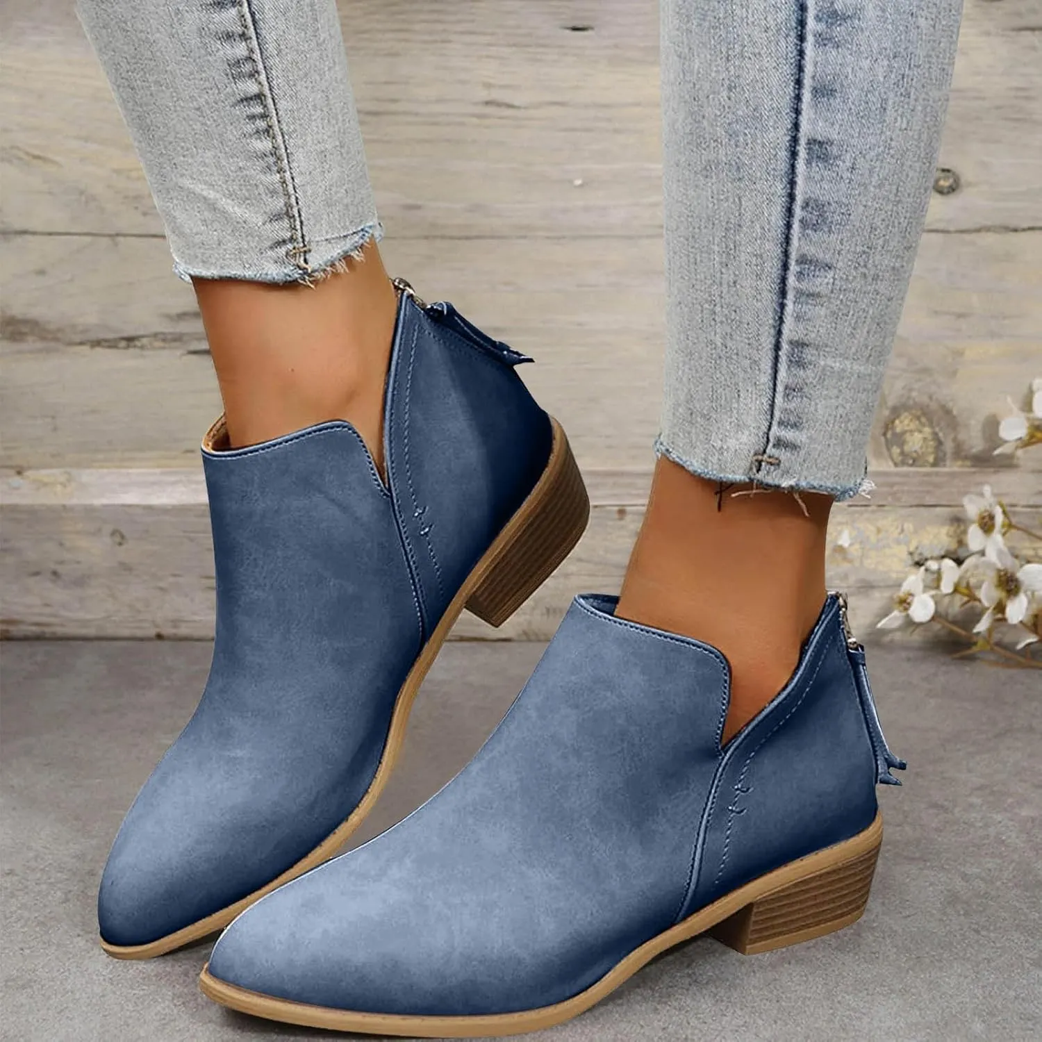 Womens V Cutout Ankle Boots Pointed Toe Chunky Stacked Heel Booties Zip Up Western Boots Shoes Low Heel Pull On Short Western Boots