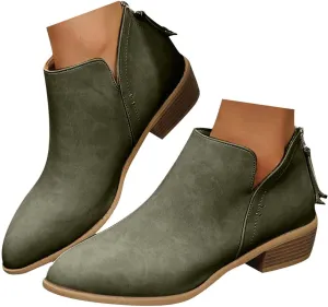 Womens V Cutout Ankle Boots Pointed Toe Chunky Stacked Heel Booties Zip Up Western Boots Shoes Low Heel Pull On Short Western Boots