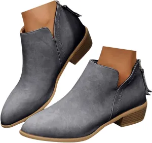 Womens V Cutout Ankle Boots Pointed Toe Chunky Stacked Heel Booties Zip Up Western Boots Shoes Low Heel Pull On Short Western Boots