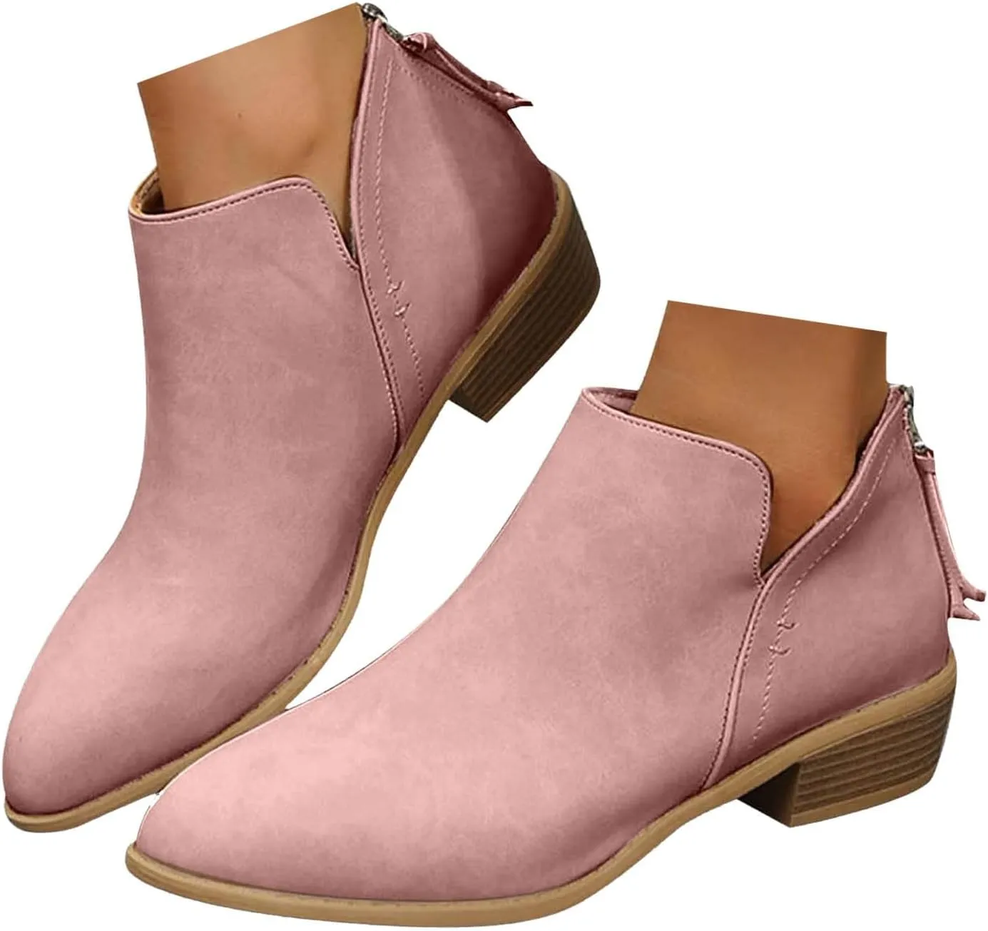 Womens V Cutout Ankle Boots Pointed Toe Chunky Stacked Heel Booties Zip Up Western Boots Shoes Low Heel Pull On Short Western Boots