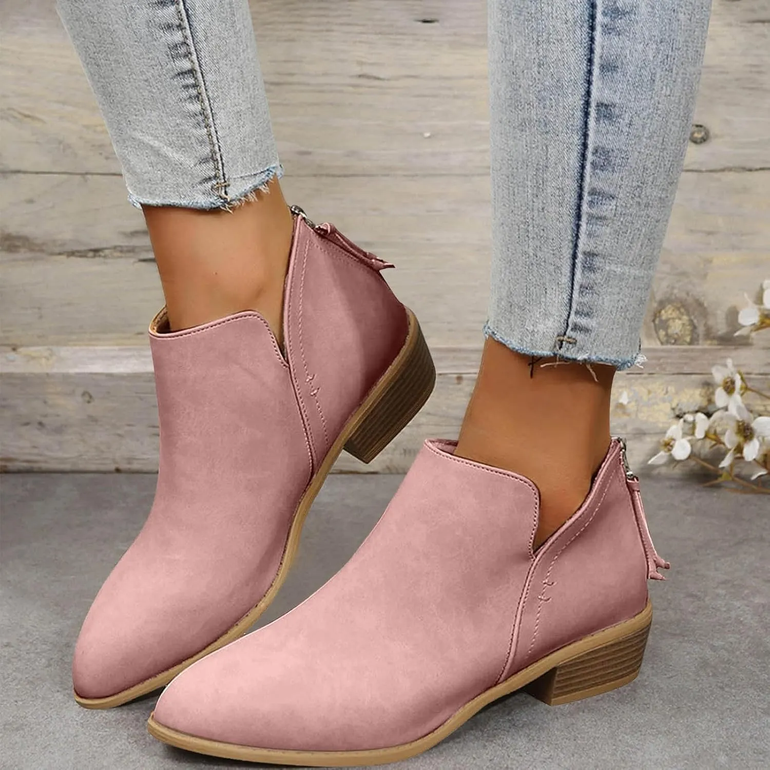 Womens V Cutout Ankle Boots Pointed Toe Chunky Stacked Heel Booties Zip Up Western Boots Shoes Low Heel Pull On Short Western Boots