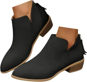 Womens V Cutout Ankle Boots Pointed Toe Chunky Stacked Heel Booties Zip Up Western Boots Shoes Low Heel Pull On Short Western Boots