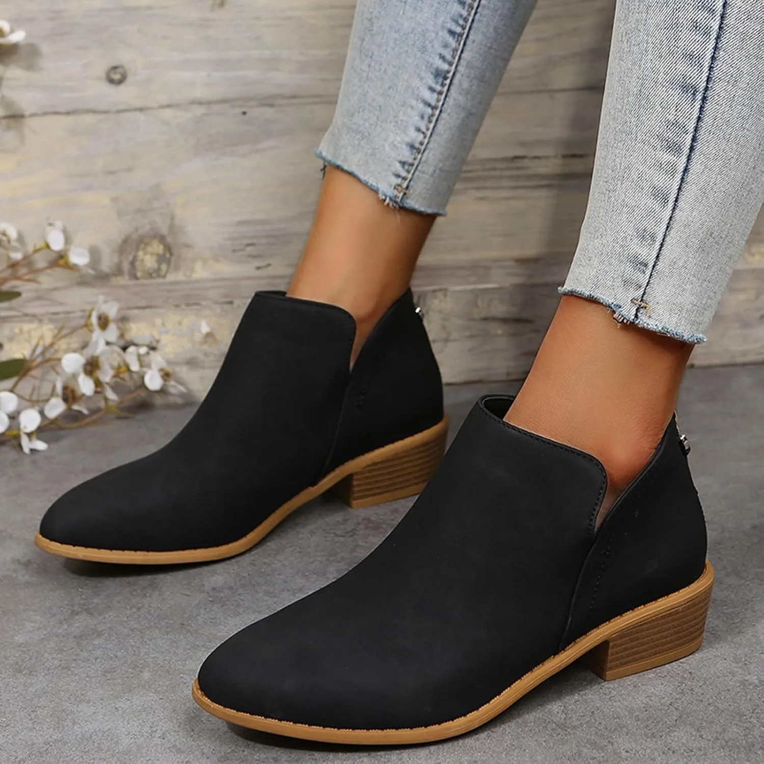 Womens V Cutout Ankle Boots Pointed Toe Chunky Stacked Heel Booties Zip Up Western Boots Shoes Low Heel Pull On Short Western Boots