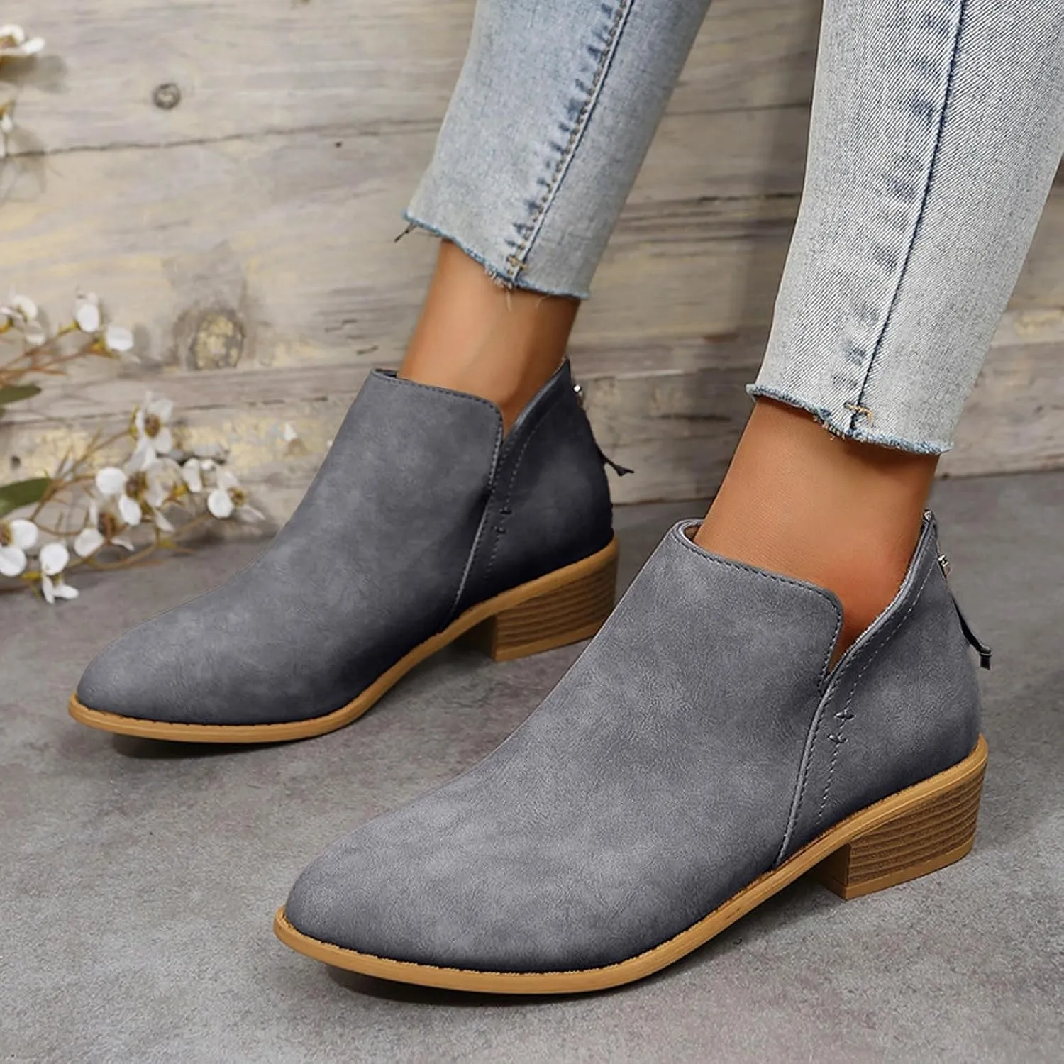 Womens V Cutout Ankle Boots Pointed Toe Chunky Stacked Heel Booties Zip Up Western Boots Shoes Low Heel Pull On Short Western Boots